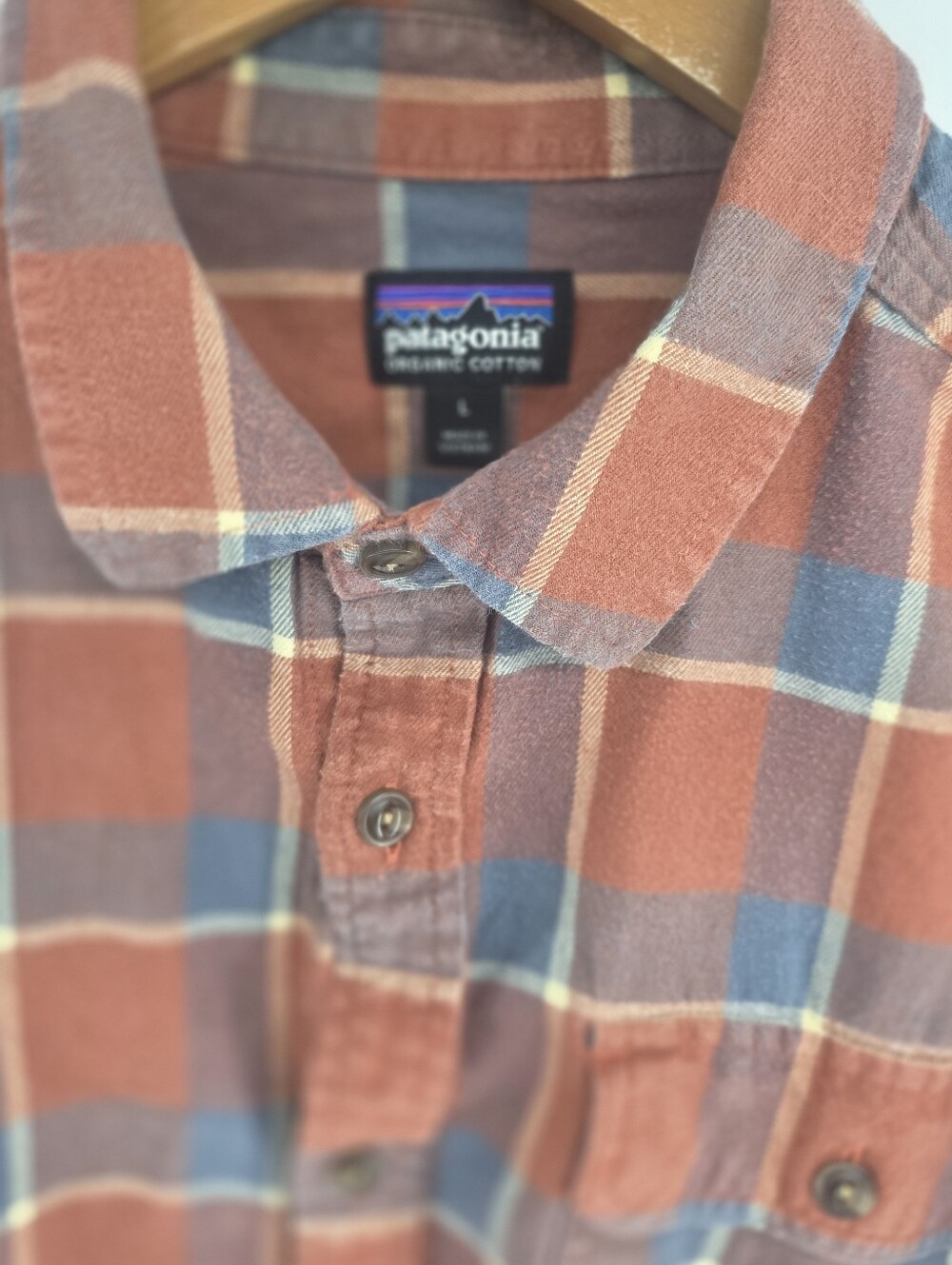 Patagonia Shirt Womens Large Orange Blue Plaid Flannel Organic Cotton